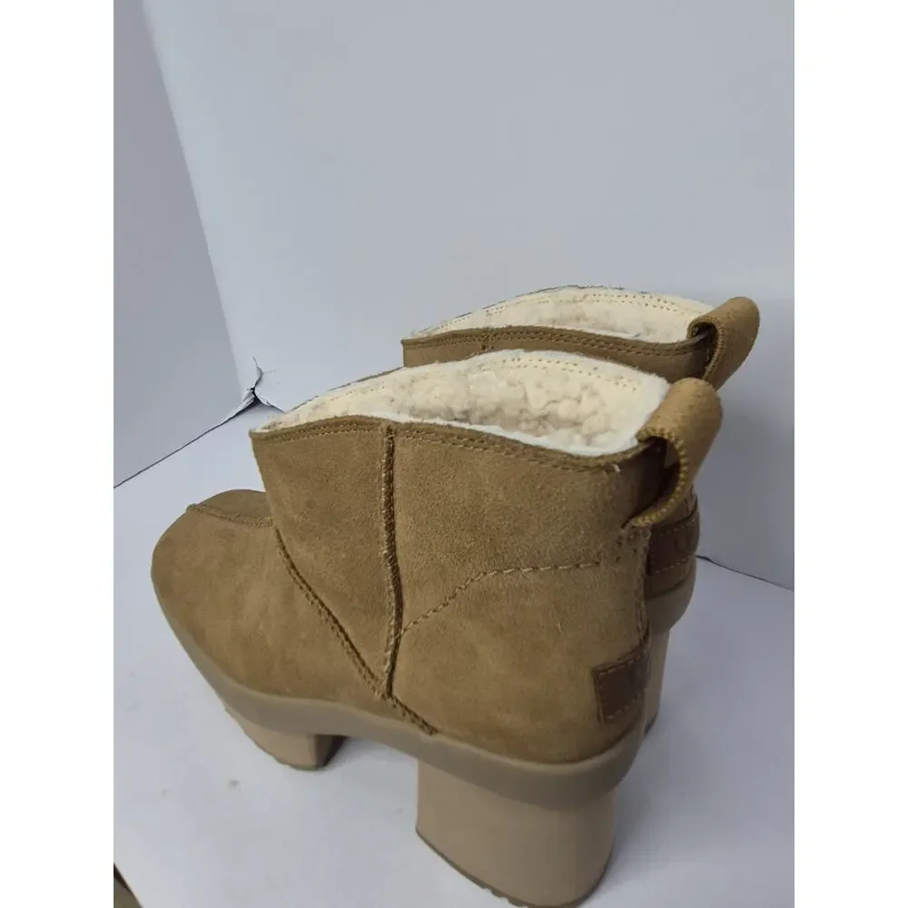 UGG New Heights Platform Mini Boot Tan Suede Shearling Lined Heel Women’s Size 8